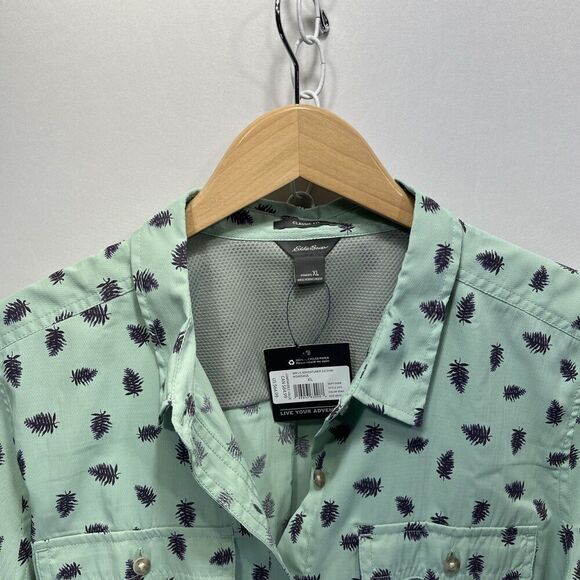 Eddie Bauer Adventurer 3.0 Green Leaf Print Blouse RollTab Button XL Outdoor New - Picture 4 of 15